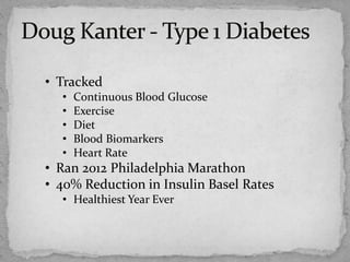 • Tracked
• Continuous Blood Glucose
• Exercise
• Diet
• Blood Biomarkers
• Heart Rate
• Ran 2012 Philadelphia Marathon
• 40% Reduction in Insulin Basel Rates
• Healthiest Year Ever
 