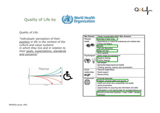 [WHOQOL group, 1995]
Quality of Life:
“individuals’ perception of their
position in life in the context of the
culture and...