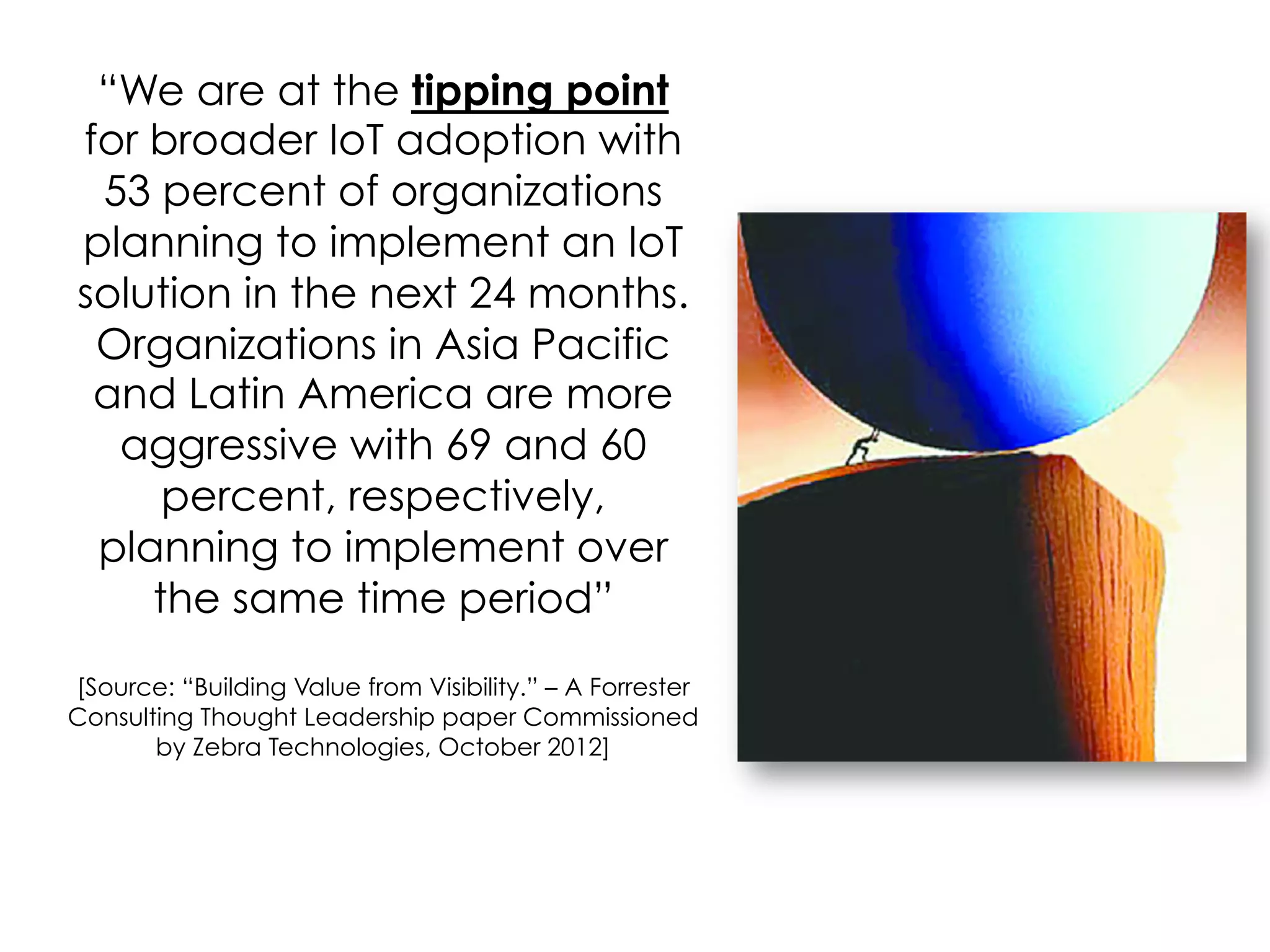 Internet of Things (IOT) Wave
© 2013 MIMOS Berhad. All Rights Reserved.
MIMOS defined IoT as:
“Technology that enables collaboration
among people, things/objects,
processes & data to improve lives”
Expected growth in the number of connected
devices
rvice and Big Data
erera#*2
, Dimitrios Georgakopoulos#3
anberra, ACT, 2601, Australia
slavsky@csiro.au
perera@csiro.au
gakopoulos@csiro.au
ence, The Australian National University,
CT 0200, Australia
of
ly
ge
to
es
ale
or
in
of
es
ch
g,
can be collected, analysed and interpreted. Further, European
Commission [7] predicts that the present 'Internet of PCs' will
move towards an 'Internet of Things' in which 50 to 100
billion devices will be connected to the Internet by 2020.
Figure 1: The total amount of data generated on earth exceeded one zettabyte
 