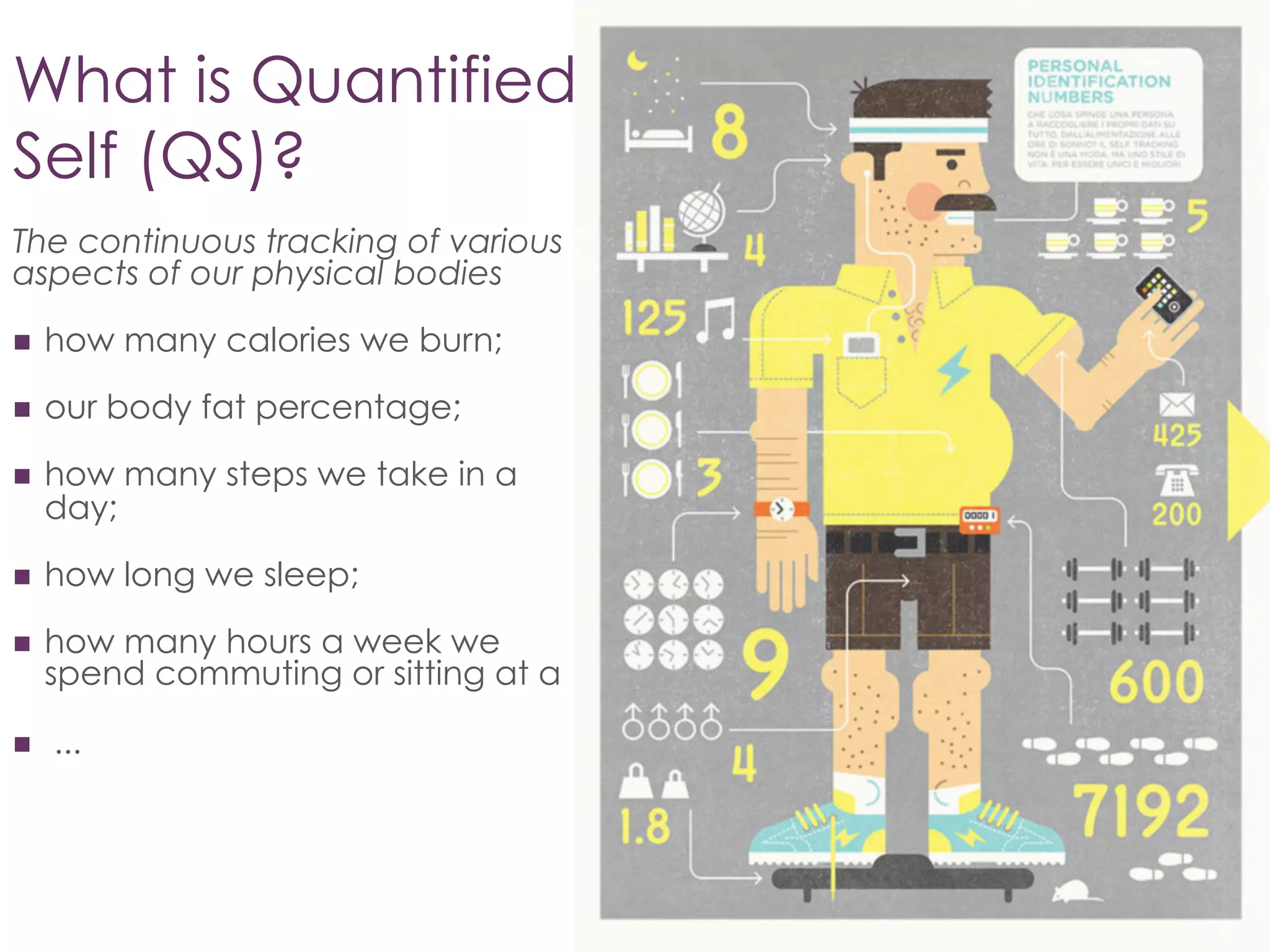 Three Trends Moving to Mainstream
n  Life-streaming
n  that you capture everything, but for the purpose of sharing the
details of your life with other people.
n  Life-streaming is sharing everything.
n  Quantified-Self
n  Monitors your biological status
n  Lifelogging
n  when you use technology to capture events, documents and
experiences and keep them in a chronological timeline.
n  Lifelogging is keeping everything;
 
