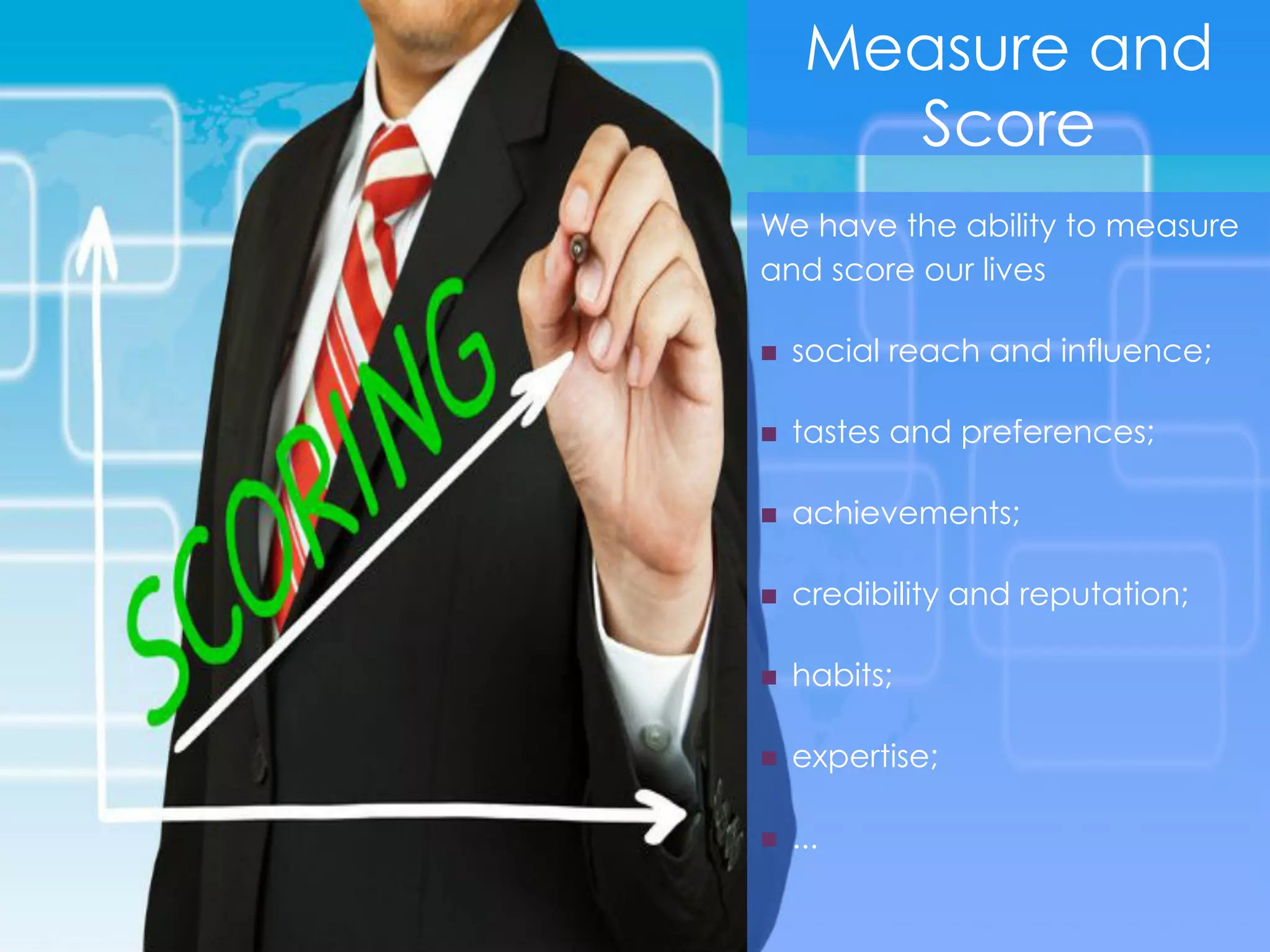The continuous tracking of various
aspects of our physical bodies
n  how many calories we burn;
n  our body fat percentage;
n  how many steps we take in a
day;
n  how long we sleep;
n  how many hours a week we
spend commuting or sitting at a
n  ...
What is Quantified
Self (QS)?
 