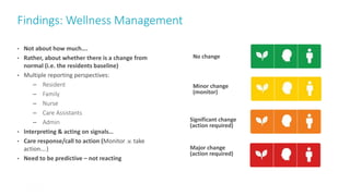 Findings: Wellness Management
31
• Not about how much….
• Rather, about whether there is a change from
normal (i.e. the residents baseline)
• Multiple reporting perspectives:
– Resident
– Family
– Nurse
– Care Assistants
– Admin
• Interpreting & acting on signals…
• Care response/call to action (Monitor .v. take
action….)
• Need to be predictive – not reacting
No change
Minor change
(monitor)
Significant change
(action required)
Major change
(action required)
 