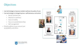 12
Objectives
• Use technology to improve resident wellness & quality of care
• Use technology to change/improve staff behaviour and action
– Person centred care
– Attention to wellness
– Focus on ability
– Focus on social/relationships
– Self management
• Directly address issues around user
acceptability and ethics
 