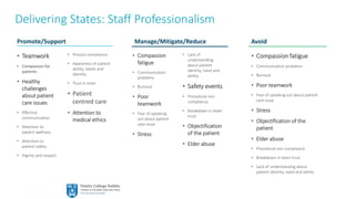19
Delivering States: Staff Professionalism
Promote/Support Manage/Mitigate/Reduce Avoid
• Teamwork
• Compassion for
patients
• Healthy
challenges
about patient
care issues
• Effective
communication
• Attention to
patient wellness
• Attention to
patient safety
• Dignity and respect
• Process compliance
• Awareness of patient
ability, needs and
identity
• Trust in team
• Patient
centred care
• Attention to
medical ethics
• Compassion
fatigue
• Communication
problems
• Burnout
• Poor
teamwork
• Fear of speaking
out about patient
care issue
• Stress
• Lack of
understanding
about patient
identity, need and
ability
• Safety events
• Procedural non
compliance
• Breakdown in team
trust
• Objectification
of the patient
• Elder abuse
• Compassion fatigue
• Communication problems
• Burnout
• Poor teamwork
• Fear of speaking out about patient
care issue
• Stress
• Objectification of the
patient
• Elder abuse
• Procedural non compliance
• Breakdown in team trust
• Lack of understanding about
patient identity, need and ability
 