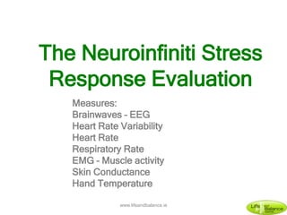 The Neuroinfiniti Stress
Response Evaluation
www.lifeandbalance.ie
Measures:
Brainwaves – EEG
Heart Rate Variability
Heart Rate
Respiratory Rate
EMG – Muscle activity
Skin Conductance
Hand Temperature
 