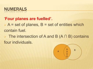 NumeralsThe denotation of the numeral five is a relation between sets. that is, all the ordered pairs of sets whose intersection has five elements.  The set of planets and the set of visible objects is one such pair. Another pair: ‘Five students passed the course’