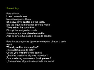 Some / Any  Para afirmar I need  some  books.   Necesito algunos libros.  She saw  some  apples on the table.   Ella vió algunas manzanas sobre la mesa.  They asked for  some  food.   Ellos pidieron algo de comida.  Some  money was given to charity.   Algo de dinero fue dado a obras de caridad.  Para hacer preguntas (generalmente para ofrecer o pedir algo) Would you like  some  coffee? ¿Te gustaría algo de café?  Could you lend me  some  coins? ¿Podrías prestarme algunas monedas?  Can you bring  some  more food, please? ¿Puedes traer algo más de comida por favor?  