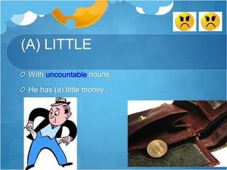 (A) LITTLE
With uncountable nouns.
He has (a) little money.
 