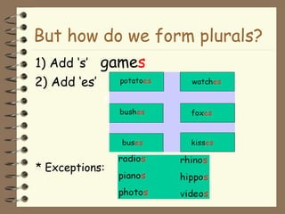But how do we form plurals? 
1) Add ‘s’ games 
2) Add ‘es’ 
* Exceptions: 
 
