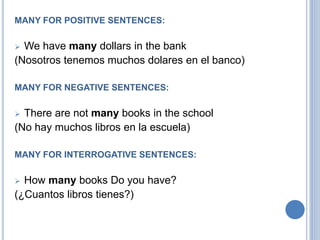 MANY FOR POSITIVE SENTENCES:
 We have many dollars in the bank
(Nosotros tenemos muchos dolares en el banco)
MANY FOR NEGATIVE SENTENCES:
 There are not many books in the school
(No hay muchos libros en la escuela)
MANY FOR INTERROGATIVE SENTENCES:
 How many books Do you have?
(¿Cuantos libros tienes?)
 