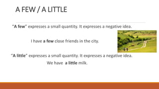 A FEW / A LITTLE
“A few” expresses a small quantity. It expresses a negative idea.
I have a few close friends in the city.
“A little” expresses a small quantity. It expresses a negative idea.
We have a little milk.
 