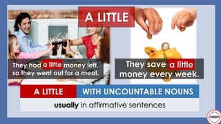 A LITTLE
They had a little money left,
so they went out for a meal.
They save a little
money every week.
WITH UNCOUNTABLE NOUNSA LITTLE
usually in affirmative sentences
a little a little
 