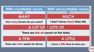 With countable nouns With uncountable nouns
MANY MUCH
How many flowers do you need? I don’t have much time left.
A LOT OF / LOTS OF
There are lots of carrots on the table.
A FEW A LITTLE
There are a few apples for dinner. I have a little time to hear you.
 