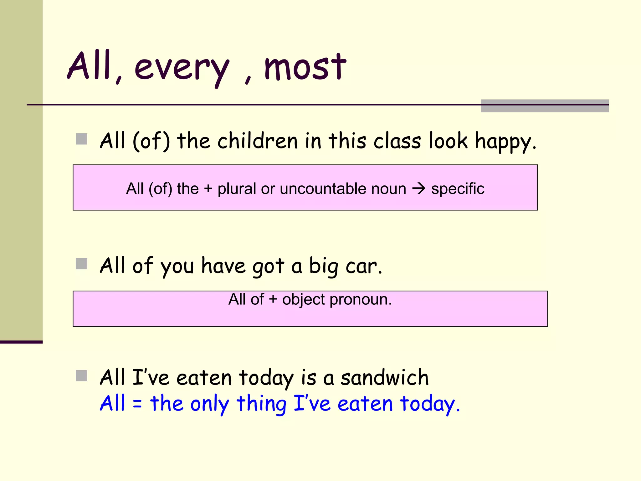All, every , most All (of) the children in this class look happy. All of you have got a big car. All I’ve eaten today is a sandwich All = the only thing I’ve eaten today. All (of) the + plural or uncountable noun    specific All of + object pronoun. 