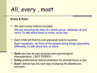 All, every , most Every & Each. We want every child to succeed. We are stressing the idea of a whole group. (between all and each) To talk about three or more, never two. Each child will find his own personal road to success. Each separates, we think of the people doing things separately, differently.To talk about two, or more. Each  sex has its own physical and psychological characteristics. ( NOT EVERY) Every  professional violinist practises for several hours a day. Each  violinist has his own way of playing the Beethoven concerto. 