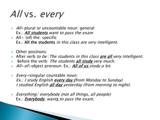  All+plural or uncountable noun: general
Ex.: All students want to pass the exam
 All+ (of) the: specific
Ex.: All the students in this class are very intelligent.
 Other positions:
 After verb to be :The students in this class are all very intelligent.
 Before the verb: The students all study very much.
 All+of+object pronoun: Ex.: All of us study a lot.
 Every+singular countable noun:
Ex.: I study English every day (from Monday to Sunday)
I studied English all day yesterday (from morning to night).
 Everything/ everybody (not all things, all people)
Ex.: Everybody wants to pass the exam.
.
 