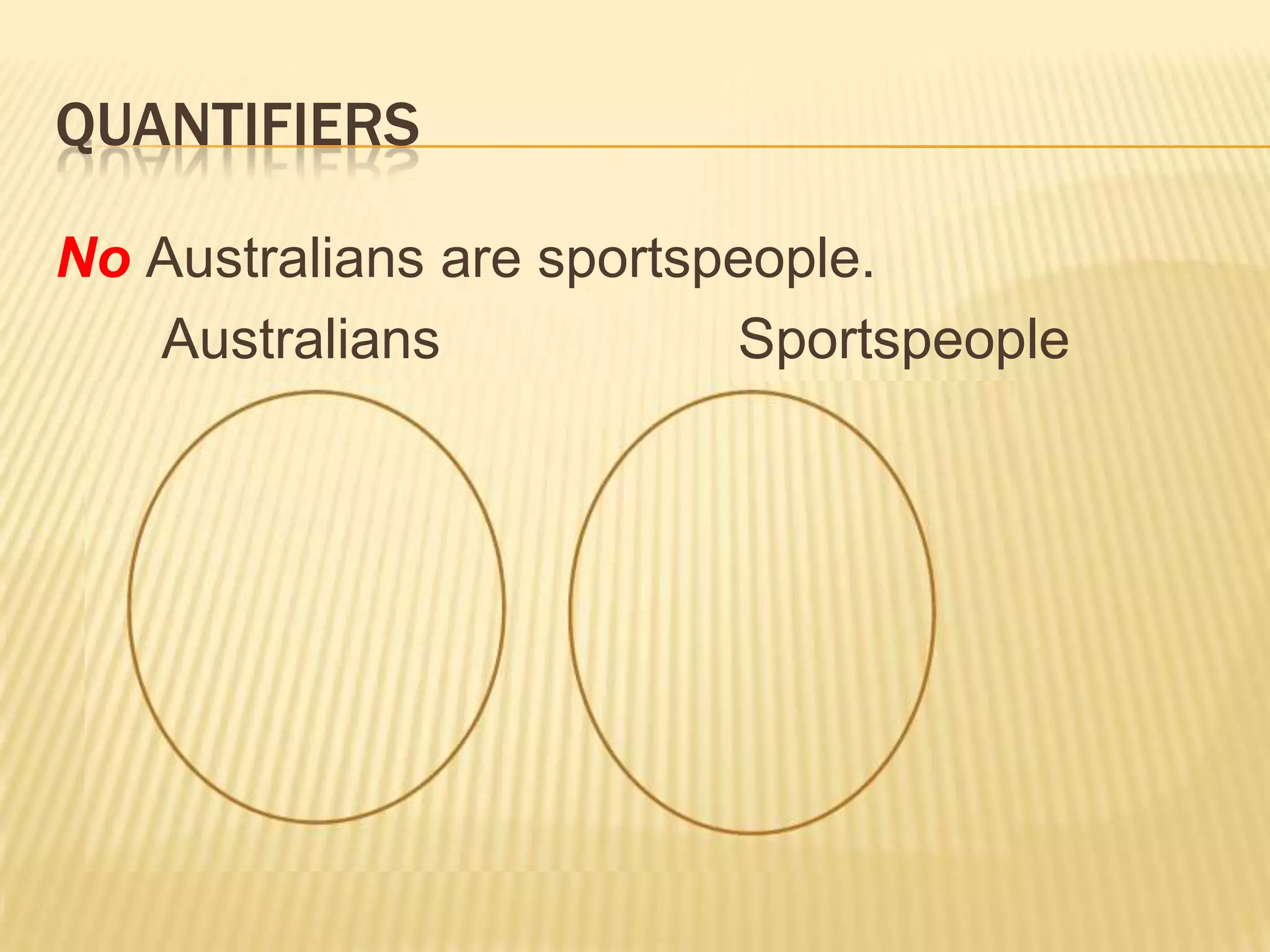 QUANTIFIERSThe first step is to treat quantifiers as denoting a relation between two sets.‘All’ denotes the subset relation between two sets.