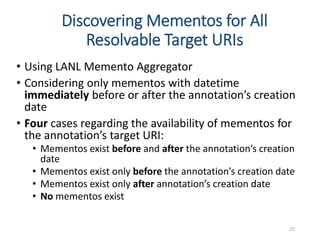 Discovering Mementos for All
Resolvable Target URIs
• Using LANL Memento Aggregator
• Considering only mementos with datetime
immediately before or after the annotation’s creation
date
• Four cases regarding the availability of mementos for
the annotation’s target URI:
• Mementos exist before and after the annotation’s creation
date
• Mementos exist only before the annotation’s creation date
• Mementos exist only after annotation’s creation date
• No mementos exist
25
 