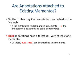 Are Annotations Attached to
Existing Mementos?
• Similar to checking if an annotation is attached to the
live web
• If the highlighted text is found in a memento the
annotation is attached and could be recovered.
• 8860 annotations have a target URI with at least one
memento
• Of these, 90% (7963) can be attached to a memento
30
 