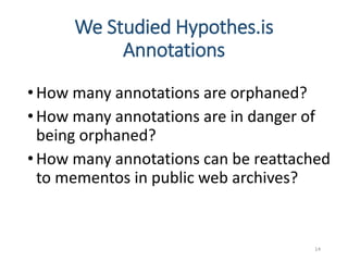 We Studied Hypothes.is
Annotations
•How many annotations are orphaned?
•How many annotations are in danger of
being orphan...