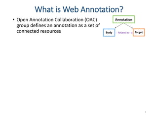 • Open Annotation Collaboration (OAC)
group defines an annotation as a set of
connected resources
What is Web Annotation?
3
 