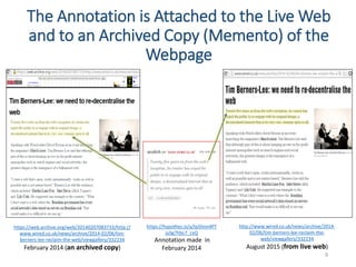 The Annotation is Attached to the Live Web
and to an Archived Copy (Memento) of the
Webpage
9
https://web.archive.org/web/...