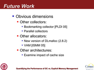 Future Work Obvious dimensions Other collectors: Bookmarking collector [PLDI 05] Parallel collectors Other allocators: New version of DLmalloc (2.8.2) VAM [ISMM 05] Other architectures: Examine impact of cache size 