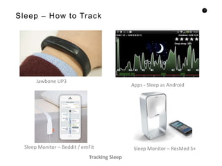 19
Sleep – How to Track
Sleep Monitor – Beddit / emFit
Jawbone UP3
Tracking Sleep
Apps - Sleep as Android
Sleep Monitor – ResMed S+
 