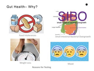32
Gut Health– Why?
Reasons for Testing
Food Intolerances
Small Intestinal Bacterial Overgrowth
Weight Loss Mood
 