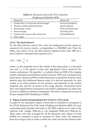 Assessment of image quality 
Table 4.1. Structures used in the VGA evaluation 
(Tingberg and Sjöström 2005) 
Chest PA  Pelvis AP 
1  Vessels seen 3 cm from the pleural margin  Sacrum (spongiosa) 
2  Thoratic vertebra behind the heart  Sacral foramina 
3  Retrocardiac vessels  Pubic and ishial rami 
4  Pleural margin  Sacroiliac joints 
5  Vessels seen an face in the central area  Femoral bilateral 
6  Hilar region  ‐ 
 
4.2.4.2  The ideal observer 
For the Ideal observer used in this work, the background and the signal are 
assumed  to  be  known  exactly,  corresponding  to  a  SKE/BKE  task.  From  the 
SNRMC (see section 3.2.4.2), the ideal observer signal‐to‐noise ratio, SNRI for a 
given nodule is calculated from equation 4.2 as 
222
DF
p
MI r
a
A
SNRSNR ⋅⋅= (4.2)
where A is the projected area of the nodule in the image plane, ap is the pixel 
area  and  r2
DF  is  the  signal  to  noise  ratio  degradation  factor  caused  by  the 
system unsharpness. The quantity r2
DF includes effects on SNR of the imaging 
system unsharpness (modulation transfer function, MTF) and correlated noise 
(noise power spectrum (NPS)) as determined from experiments with the actual 
detector type and additional detector noise. It is derived separately for each 
nodule  at  its  actual  position  in  the  anatomy,  and  depends  on  the  nodule 
projected  area  and  the  air  kerma  at  the  image  detector.  Geometrical  (focal 
spot‐ and magnification) unsharpness and motion unsharpness are taken into 
account in addition to detector unsharpness. The latter is expressed in terms of 
the pre‐sampled MTF (Sandborg et al 2003). 
 
A  Figure of merit corresponding to the VGAS in a VGA study 
In paper IV we calculated a figure of merit that is intended to correspond to 
the VGAS obtained in the VGA study (Tingberg and Sjöström 2005). For each 
contrasting detail, denoted with index q, the SNRI,q relative to its value at the 
reference  tube  voltage,  SNRI,q(Uref),  was  computed  (SNRI,q(U)/  SNRI,q(Uref)). 
These  ratios  were  then  averaged  for  all  the  structures  and  a  figure  of  merit 
(FOM)  was  computed  as  given  in  equation  4.3.  Here,  unity  was  subtracted 
from the average value in order to obtain the value zero for the reference tube 
  33
 