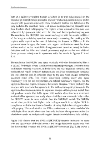 Results and discussion 
 
Båth et al (2005b) evaluated human detection of 10 mm lung nodules in the 
presence of normal patient projected anatomy including quantum noise and in 
images with quantum noise only. They concluded that for the detection of the 
lung nodules, the quantum noise is of almost no importance at clinically used 
dose levels in chest radiography. The regions where lesion detection was least 
influenced  by  quantum  noise  were  the  hilar  and  lateral  pulmonary  regions. 
The results for the SKE/BKE case in our work agree with the results in Båth et 
al.  for  images  containing  quantum  noise  only  concerning  the ranking of the 
regions  with  respect  to  the  ease  of  detecting  the  lesions  or  SNRhot,LG.  In  the 
quantum  noise  images,  the  lower  and  upper  mediastinum  were  by  these 
authors ranked as the most difficult regions (most quantum noise) for lesion 
detection  and  the  hilar  and  lateral  pulmonary  regions  as  the  least  difficult 
(least quantum noise) ones in agreement with the results in figures 5.13 and 
5.14.  
 
The results for the SKE/BV case agree relatively well with the results by Båth et 
al (2005a) for images where stationary noise (corresponding to structural noise 
in different regions) was used. In both cases, the hilar region is ranked as the 
most difficult region for lesion detection and the lower mediastinum ranked as 
the  least  difficult  one,  in  opposite  order  to  the  case  with  images  containing 
quantum  noise  only.  The  results  concerning  ranking  order  also  agree 
reasonably  well  for  the  retrocardial  and  lateral  pulmonary  regions.  For  the 
upper mediastinal region, however, the results disagree. This is probably due 
to a less rich structural background in the anthropomorphic phantom in the 
upper mediastinum compared to in patient images. Although our model does 
not  produce  results  that  fully  agree  with  nodule  detection  in  a  structured 
anatomical background, our study shows that there are reasons to believe that 
the  SKE/BV  model  is  more  realistic  than  the  SKE/BKE  model.  The  SKE/BV 
model  also  predicts  that  higher  tube  voltages  result  in  a  higher  SNR  in 
compliance with the tradition in Sweden of using high tube voltages in chest 
radiography. We conclude that the SNRhot,LG‐observer is a better model of the 
radiologist  than  model  observers  that  only  includes  the  quantum  noise  (i.e. 
ideal observer) in its analysis and suggest that such models have little validity. 
 
Figure  5.15  shows  that  the  SNRhot,LG(SKE/BKE)‐observer  increases  its  score 
with the square root of the air kerma at the image detector in accordance with 
the  Rose‐model  whereas  the  SNRhot,LG(SKE/BV)‐observer  (fig.  5.14)  shows  a 
  56
 