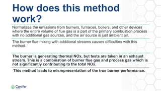 How does this method
work?
Normalizes the emissions from burners, furnaces, boilers, and other devices
where the entire volume of flue gas is a part of the primary combustion process
with no additional gas sources, and the air source is just ambient air.
The burner flue mixing with additional streams causes difficulties with this
method.
The burner is generating thermal NOx, but tests are taken in an exhaust
stream. This is a combination of burner flue gas and process gas which is
not significantly contributing to the total NOx.
This method leads to misrepresentation of the true burner performance.
 