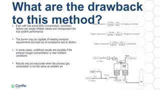 What are the drawback
to this method?
• Even with low actual NOx concentration, correction
factors can create inflated values and misrepresent the
true system performance.
• The burner may be capable of meeting emission
requirements but read out of compliance due to dilution.
• In some cases, undefined results are possible if the
exhaust oxygen concentration is near ambient
conditions.
• Results may be inaccurate when the process gas
composition is not the same as ambient air.
5 𝑝𝑝𝑚𝑣 𝑚𝑒𝑎𝑠𝑢𝑟𝑒 ∗
20.9% − 3%
20.9% − 8%
= 6.9 𝑝𝑝𝑚𝑣 𝑐𝑜𝑟𝑟𝑒𝑐𝑡𝑒𝑑
5 𝑝𝑝𝑚𝑣 𝑚𝑒𝑎𝑠𝑢𝑟𝑒𝑑 ∗
20.9% − 3%
20.9% − 20.0%
= 99 𝑝𝑝𝑚𝑣 𝑐𝑜𝑟𝑟𝑒𝑐𝑡𝑒𝑑
5 𝑝𝑝𝑚𝑣 𝑚𝑒𝑎𝑠𝑢𝑟𝑒𝑑 ∗
20.9% − 3%
20.9% − 20.9%
= 𝑢𝑛𝑑𝑒𝑓𝑖𝑛𝑒𝑑
 