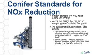 Conifer Standards for
NOx Reduction
• Industry standard low-NOx rated
burner and controls
• Nozzle mix design that can run on
multiple types of available fuel gases
• The supplemental fuel injection (SFI)
system
• Transfers management of combustion
chamber temperature from the burner(s)
to separate fuel line located at the RTO
inlet
• Lower burner(s) demand, results in
smaller “hot spot” around the burner flame
shrinks to reduce NOx emissions
 