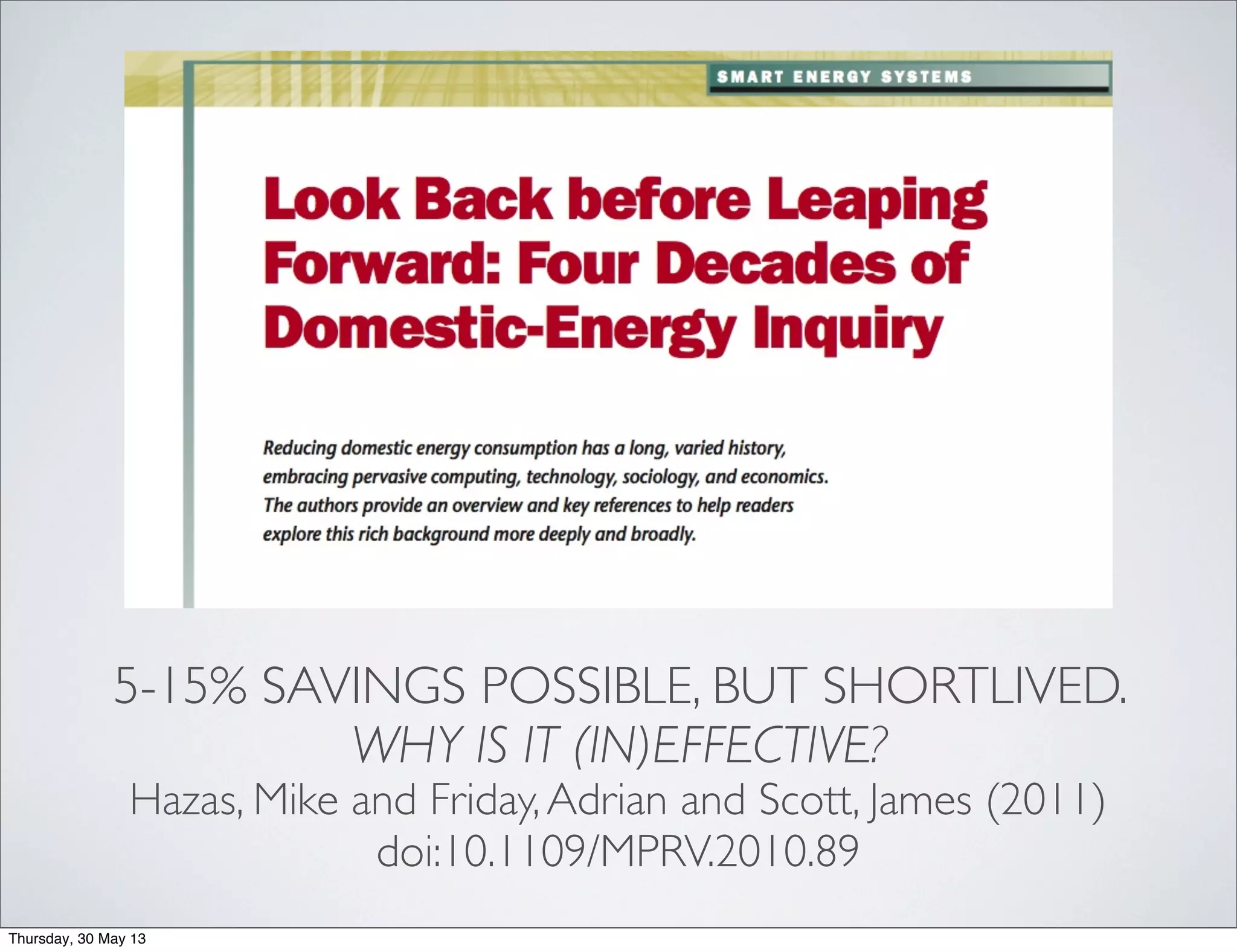 5-15% SAVINGS POSSIBLE, BUT SHORTLIVED.
WHY IS IT (IN)EFFECTIVE?
Hazas, Mike and Friday,Adrian and Scott, James (2011)
doi:10.1109/MPRV.2010.89
Thursday, 30 May 13
 