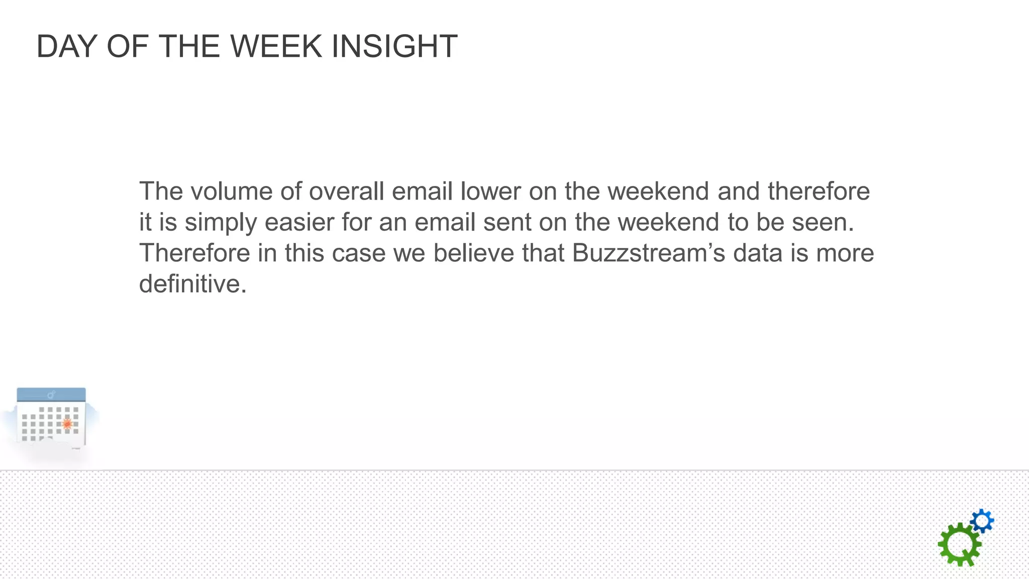 DAY OF THE WEEK INSIGHT



     The volume of overall email lower on the weekend and therefore
     it is simply easier for an email sent on the weekend to be seen.
     Therefore in this case we believe that Buzzstream’s data is more
     definitive.
 