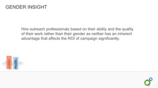 GENDER INSIGHT



     Hire outreach professionals based on their ability and the quality
     of their work rather than their gender as neither has an inherent
     advantage that affects the ROI of campaign significantly.
 