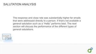 SALUTATION ANALYSIS



     The response and close rate was substantially higher for emails
     that were addressed directly to a person. If that’s not available a
     general salutation such as a “Hello” performs best. The next
     section will discuss the performance of the different types of
     general salutations.
 