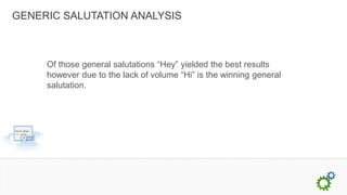 GENERIC SALUTATION ANALYSIS



     Of those general salutations “Hey” yielded the best results
     however due to the lack of volume “Hi” is the winning general
     salutation.
 