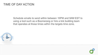 TIME OF DAY ACTION



     Schedule emails to send within between 10PM and 9AM EST to
     using a tool such as a Boomerang or hire a link building team
     that operates at those times within the targets time zone.
 