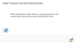 FIRST TOUCH VIA TWITTER ACTION



     Build relationships using Twitter to engage prospects with
     contextually relevant information that benefits them.
 