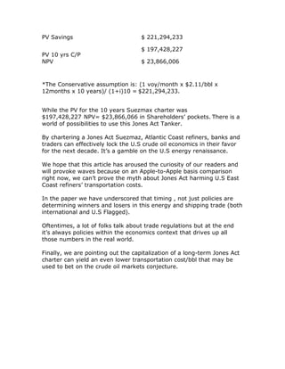 PV Savings $ 221,294,233
PV 10 yrs C/P
$ 197,428,227
NPV $ 23,866,006
*The Conservative assumption is: (1 voy/month x $2.11/bbl x
12months x 10 years)/ (1+i)10 = $221,294,233.
While the PV for the 10 years Suezmax charter was
$197,428,227 NPV= $23,866,066 in Shareholders’ pockets. There is a
world of possibilities to use this Jones Act Tanker.
By chartering a Jones Act Suezmaz, Atlantic Coast refiners, banks and
traders can effectively lock the U.S crude oil economics in their favor
for the next decade. It’s a gamble on the U.S energy renaissance.
We hope that this article has aroused the curiosity of our readers and
will provoke waves because on an Apple-to-Apple basis comparison
right now, we can’t prove the myth about Jones Act harming U.S East
Coast refiners’ transportation costs.
In the paper we have underscored that timing , not just policies are
determining winners and losers in this energy and shipping trade (both
international and U.S Flagged).
Oftentimes, a lot of folks talk about trade regulations but at the end
it’s always policies within the economics context that drives up all
those numbers in the real world.
Finally, we are pointing out the capitalization of a long-term Jones Act
charter can yield an even lower transportation cost/bbl that may be
used to bet on the crude oil markets conjecture.
 