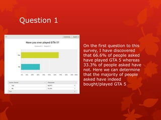 Question 1 
On the first question to this 
survey, I have discovered 
that 66.6% of people asked 
have played GTA 5 whereas 
33.3% of people asked have 
not. Here we can determine 
that the majority of people 
asked have indeed 
bought/played GTA 5 
 