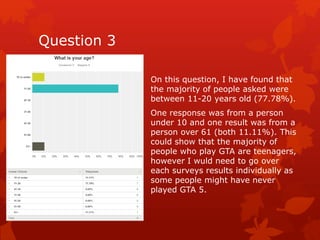 Question 3 
On this question, I have found that 
the majority of people asked were 
between 11-20 years old (77.78%). 
One response was from a person 
under 10 and one result was from a 
person over 61 (both 11.11%). This 
could show that the majority of 
people who play GTA are teenagers, 
however I wuld need to go over 
each surveys results individually as 
some people might have never 
played GTA 5. 
 