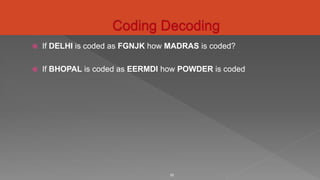  If DELHI is coded as FGNJK how MADRAS is coded?
 If BHOPAL is coded as EERMDI how POWDER is coded
20
 