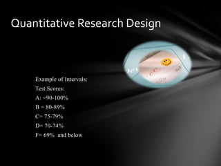 Example of Intervals:
Test Scores:
A: =90-100%
B = 80-89%
C= 75-79%
D= 70-74%
F= 69% and below
Quantitative Research Design
 