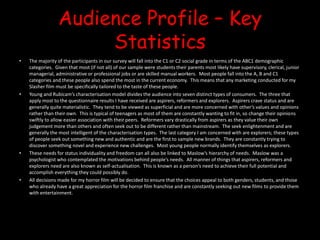Audience Profile – Key
Statistics
• The majority of the participants in our survey will fall into the C1 or C2 social grade in terms of the ABC1 demographic
categories. Given that most (if not all) of our sample were students their parents most likely have supervisory, clerical, junior
managerial, administrative or professional jobs or are skilled manual workers. Most people fall into the A, B and C1
categories and these people also spend the most in the current economy. This means that any marketing conducted for my
Slasher film must be specifically tailored to the taste of these people.
• Young and Rubicam’s characterisation model divides the audience into seven distinct types of consumers. The three that
apply most to the questionnaire results I have received are aspirers, reformers and explorers. Aspirers crave status and are
generally quite materialistic. They tend to be viewed as superficial and are more concerned with other’s values and opinions
rather than their own. This is typical of teenagers as most of them are constantly wanting to fit in, so change their opinions
swiftly to allow easier association with their peers. Reformers vary drastically from aspirers as they value their own
judgement more than others and often seek out to be different rather than mainstream. The seek enlightenment and are
generally the most intelligent of the characterisation types. The last category I am concerned with are explorers; these types
of people seek out something new and authentic and are the first to sample new brands. They are constantly trying to
discover something novel and experience new challenges. Most young people normally identify themselves as explorers.
• These needs for status individuality and freedom can all also be linked to Maslow’s hierarchy of needs. Maslow was a
psychologist who contemplated the motivations behind people’s needs. All manner of things that aspirers, reformers and
explorers need are also known as self-actualisation. This is known as a person’s need to achieve their full potential and
accomplish everything they could possibly do.
• All decisions made for my horror film will be decided to ensure that the choices appeal to both genders, students, and those
who already have a great appreciation for the horror film franchise and are constantly seeking out new films to provide them
with entertainment.
 