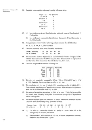 Quantitative Techniques for
Management

84. Calculate mean, median and mode from the following table :
Wages ( Rs ) No. of Persons
5
Less than 8
12
Less than 16
8- 24
29
24 and above
31
32 - 40
8
40 and above
19
48- 56
5

85. (a)

In a moderately skewed distribution, the arithmetic mean is 10 and mode is 7.
Find median.

(b)

In a moderately asymmetrical distribution, the mean is 25 and the median is
23.5. Find mode.

86. Find geometric mean from the following daily income (in Rs) of 10 families:
85, 70, 15, 75, 500, 8, 45, 250, 40 and 36.
87. Calculate geometric mean of the following distribution :
Marks (less than)
No. of Students

:
:

10
12

20
27

30
72

40
93

50
100

88. The value of a machine depreciates at a constant rate from the cost price of Rs
1,000 to the scrap value of Rs 100 in ten years. Find the annual rate of depreciation
and the value of the machine at the end of one, two, three years.
89. Calculate weighted GM from the following data :
Items
Wheat
Milk
Sugar
Eggs

Weights
10
5
2
6

Price Index
135
140
160
120

90. The price of a commodity increased by 12% in 1986, by 30% in 1987 and by 15%
in 1988. Calculate the average increase of price per year.
91. The population of a city was 30 lakh in 1981 which increased to 45 lakh in 1991.
Determine the rate of growth of population per annum. If the same growth continues,
what will be the population of the city in 1995.
92. The value of a machine depreciated by 30% in 1st year, 13% in 2nd year and by
5% in each of the following three years. Determine the average rate of depreciation
for the entire period.
93. The following table gives the diameters of screws obtained in a sample enquiry.
Calculate mean diameter by using geometric average.
Diameter (mm) : 130 135 140 145 146 148 149 150 157
No. of Screws
: 3
4
6
6
3
5
2
1
1

94. (a)
(b)
104

The price of a commodity doubles in a period of 5 years. What will be the
average rate of increase per annum.
If a sum of Rs 1,500 is invested at 15% rate of interest compounded annually,
determine the amount after 5 years.

 