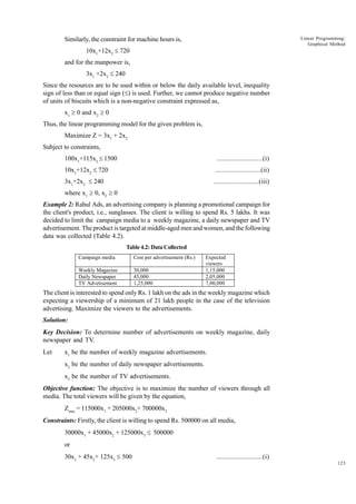 Linear Programming:
Graphical Method

Similarly, the constraint for machine hours is,
10x1+12x2 £ 720
and for the manpower is,
3x1 +2x2 £ 240
Since the resources are to be used within or below the daily available level, inequality
sign of less than or equal sign (£) is used. Further, we cannot produce negative number
of units of biscuits which is a non-negative constraint expressed as,
x1 ³ 0 and x2 ³ 0
Thus, the linear programming model for the given problem is,
Maximize Z = 3x1 + 2x2
Subject to constraints,
100x1+115x2 £ 1500

..........................(i)

10x1+12x2 £ 720

..........................(ii)

3x1+2x2 £ 240

..........................(iii)

where x1 ³ 0, x2 ³ 0
Example 2: Rahul Ads, an advertising company is planning a promotional campaign for
the client's product, i.e., sunglasses. The client is willing to spend Rs. 5 lakhs. It was
decided to limit the campaign media to a weekly magazine, a daily newspaper and TV
advertisement. The product is targeted at middle-aged men and women, and the following
data was collected (Table 4.2).
Table 4.2: Data Collected
Campaign media

Cost per advertisement (Rs.)

Weekly Magazine
Daily Newspaper
TV Advetisement

30,000
45,000
1,25,000

Expected
viewers
1,15,000
2,05,000
7,00,000

The client is interested to spend only Rs. 1 lakh on the ads in the weekly magazine which
expecting a viewership of a minimum of 21 lakh people in the case of the television
advertising. Maximize the viewers to the advertisements.
Solution:
Key Decision: To determine number of advertisements on weekly magazine, daily
newspaper and TV.
Let

x1 be the number of weekly magazine advertisements.
x2 be the number of daily newspaper advertisements.
x3 be the number of TV advertisements.

Objective function: The objective is to maximize the number of viewers through all
media. The total viewers will be given by the equation,
Zmax = 115000x1 + 205000x2+ 700000x3
Constraints: Firstly, the client is willing to spend Rs. 500000 on all media,
30000x1 + 45000x2 + 125000x3 £ 500000
or
30x1 + 45x2+ 125x3 £ 500

..........................(i)
123

 