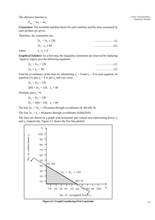Linear Programming:
Graphical Method

The objective function is,
Zmax = 6x1 + 4x2
Constraints: The available machine-hours for each machine and the time consumed by
each product are given.
Therefore, the constraints are,
2x1 + 3x2 £ 120

..........................(i)

2x1+ x2 £ 60

..........................(ii)

x1, x2 ³ 0

where

Graphical Solution: As a first step, the inequality constraints are removed by replacing
‘equal to’ sign to give the following equations:
2x1 + 3x2 = 120

.......................(1)

2x1 + x2 = 60

.......................(2)

Find the co-ordinates of the lines by substituting x1 = 0 and x2 = 0 in each equation. In
equation (1), put x1 = 0 to get x2 and vice versa
2x1 + 3x2 = 120
2(0) + 3x2 = 120, x2 = 40
Similarly, put x2 = 0,
2x1 + 3x2 = 120
2x1 + 3(0) = 120, x1 = 60
The line 2x1 + 3x2 = 120 passes through co-ordinates (0, 40) (60, 0).
The line 2x1 + x2 = 60 passes through co-ordinates (0,60)(30,0).
The lines are drawn on a graph with horizontal and vertical axis representing boxes x1
and x2 respectively. Figure 4.1 shows the first line plotted.

No. of carton boxes x2

X2

100
90
80
70
60
50
40

(0, 40)

30

2x1 + 3x2 = 120

20
(60, 0)

10
10

20 30 40

50 60 70 80 90 100

X1

No. of corrugated boxes x1
Figure 4.1: Graph Considering First Constraint

129

 
